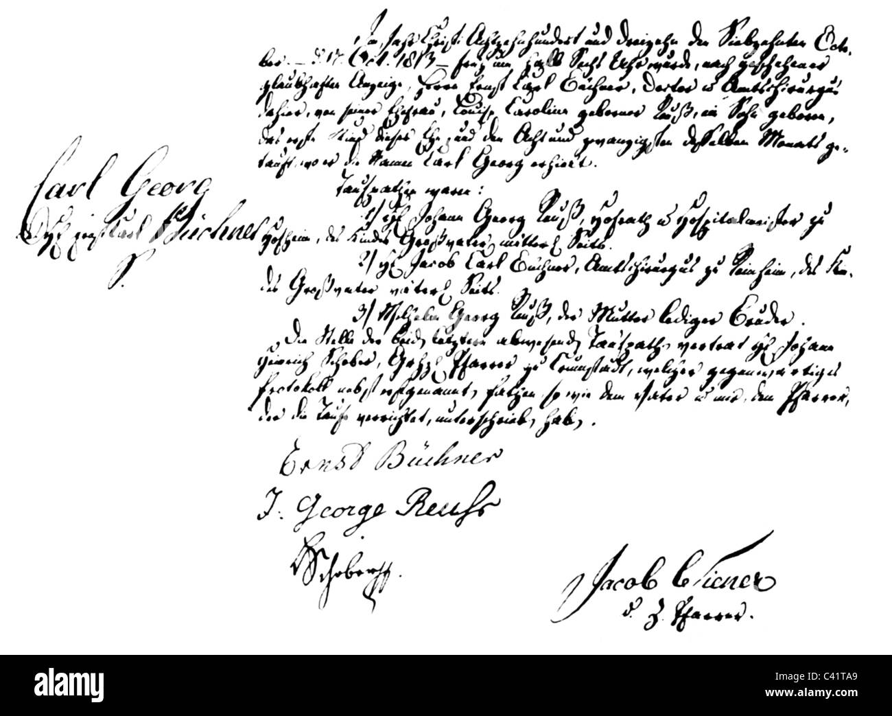 Buechner, Georg 17.10.1813 - 19.2.1837, autore/scrittore tedesco, drammaturgo, battesimo, iscrizione nel registro battesimale della parrocchia di Goddelau, 28.10.1813, Foto Stock