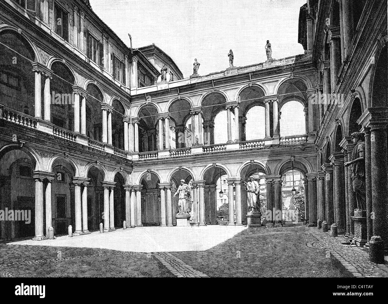 Geografia / viaggio, Italia, Roma, castelli, Palazzo Borghese, costruito nel XVI secolo da Martino Longhi il Vecchio, cortile, incisione in legno, XIX secolo, storico, storico, europeo, colonne, pilastri, costruzione, architettura, palazzo, diritti aggiuntivi-clearences-non disponibili Foto Stock