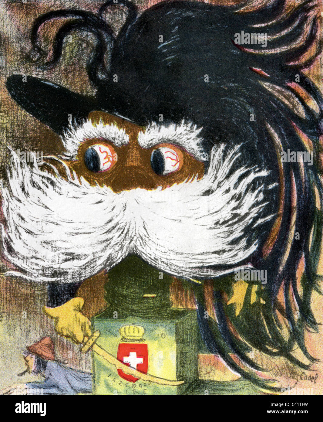 Umberto i, 14.3.1844 - 29.7.1900, Re d'Italia 9.1.1878 - 29.7.1900, caricatura, 'Il Terribile', disegno di Eugene Cadel, Francia, circa 1895, , Foto Stock