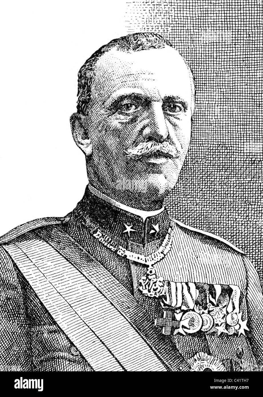 Vittorio Emanuele III, 11.11. 1869 - 28.12.1947, Re d'Italia 29.7.1900 - 29.7.1946, ritratto, incisione in legno di G. Paulin, 1st metà 20th secolo, Foto Stock