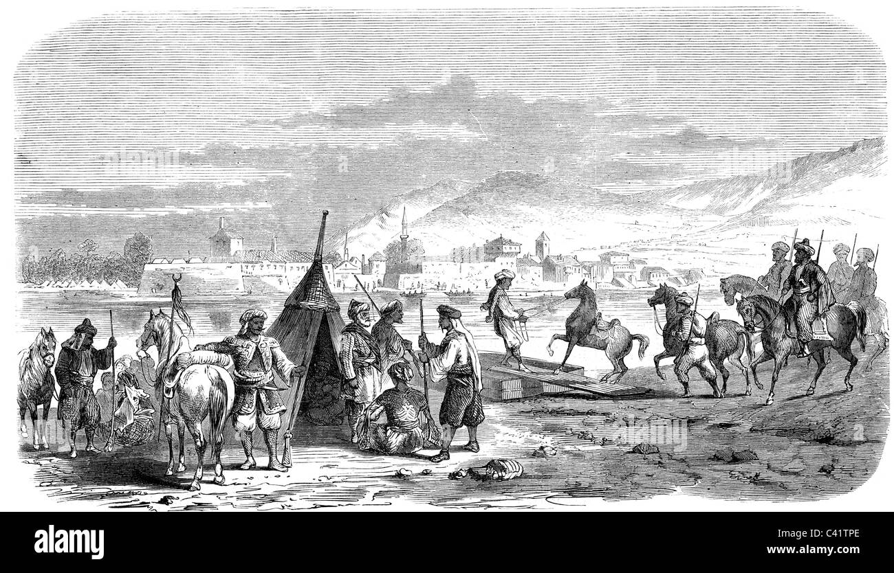 Militare, Turchia, cavalleria irregolare, bashibazouk bosniaci che attraversano il fiume Trebisnjica a Trebinje, incisione in legno, 1861, diritti-aggiuntivi-clearences-non disponibile Foto Stock