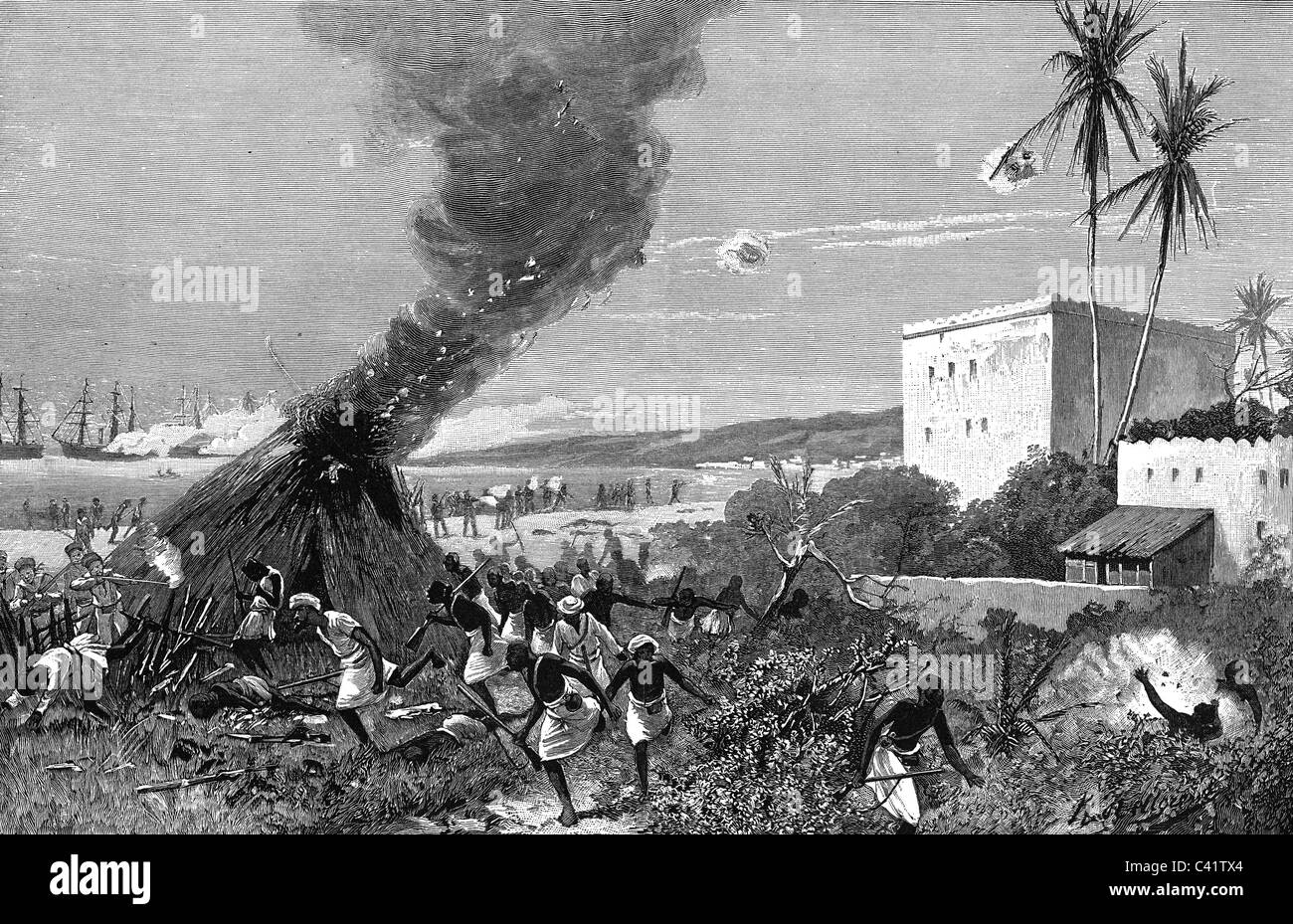 Colonialismo, Africa orientale tedesca, truppe tedesche conquistano il Pangani, arabi in volo, 9.7.1889, diritti aggiuntivi-clearences-non disponibile Foto Stock