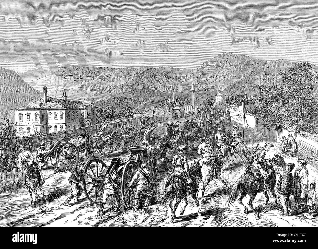 Eventi, undicesima guerra russo-turca 1877 - 1878, colonna russa che avanza attraverso Etropol verso Sofia, Bulgaria, incisione del legno dopo disegno da un ufficiale, novembre 1877, anticipo, soldati, artiglieria, cavalleria, cosacchi, armi, Impero Ottomano, crisi balcanica, Russo - turco, XIX secolo, storico, storico, persone, diritti aggiuntivi-clearences-non disponibili Foto Stock