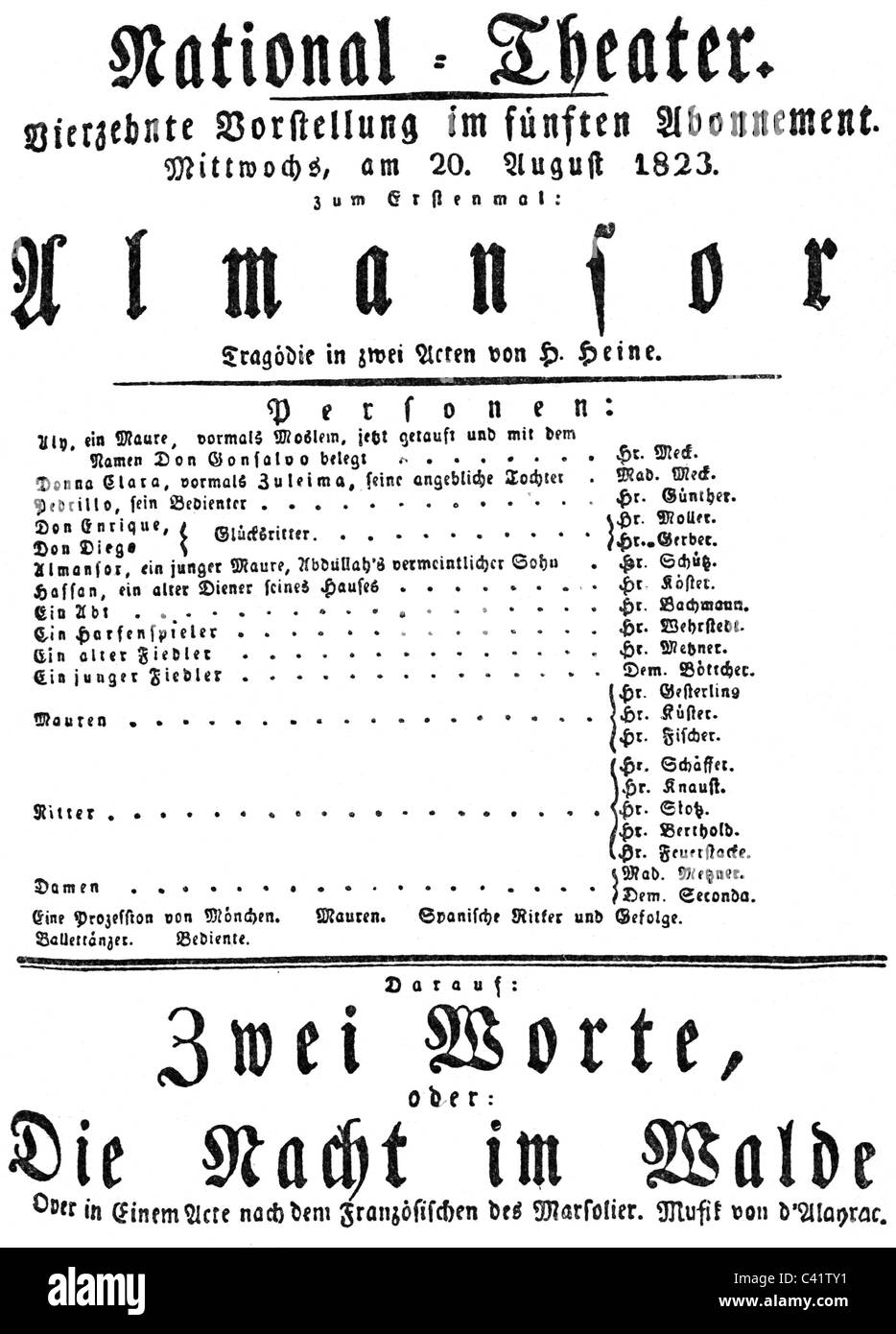 Heine, Heinrich, 13.12.1797 - 17.2.1856, autore/scrittore tedesco, opere, play 'Almansor', playbill per la prima in Brunswick, 20.8.1823, , Foto Stock