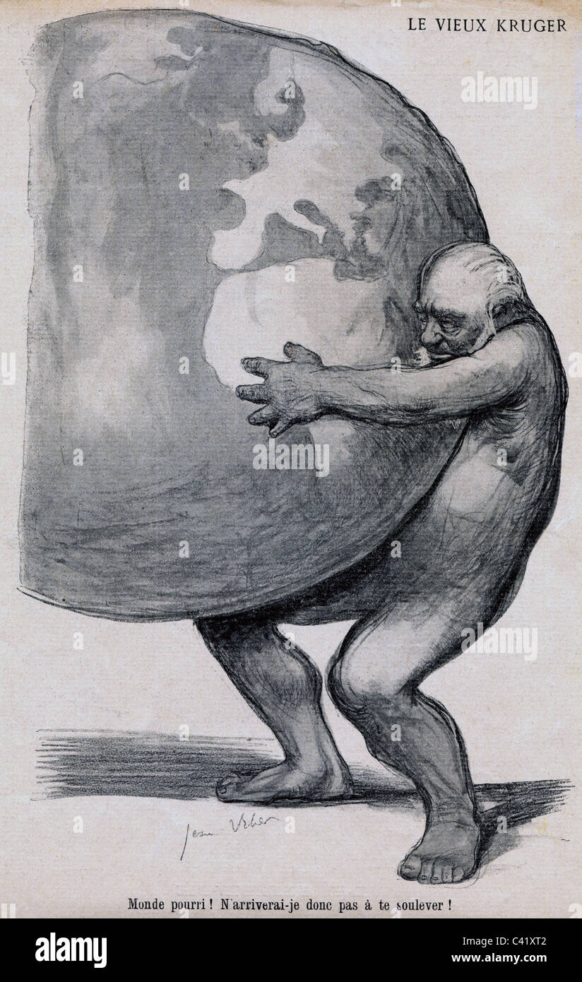 Kruger, Paulus, 10.10.1825 - 14.7.1904, uomo politico sudafricano, come atlante, caricatura, disegno di Jean Veber, 'l'Assiette au Beurre', n° 26, 28.9.1901, , Foto Stock