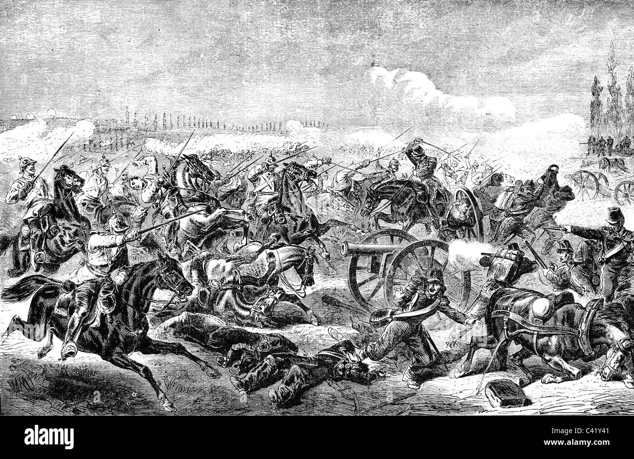 Eventi, guerra franco-prussiana 1870 - 1871, Battaglia di Mars-la-tour, 16.8.1870, responsabile della 12 ° Brigata di Cavalleria Prussiana (Bredow), incisione del legno, fine del 19 ° secolo, soldati, Prussia, Germania, Franco Prussiano, cavalcata della morte, attacco, 7 Cuirassiers, artiglieria francese, Marte la Tour, Vionville, Francia, Lorena, diritti storici, non disponibili Foto Stock