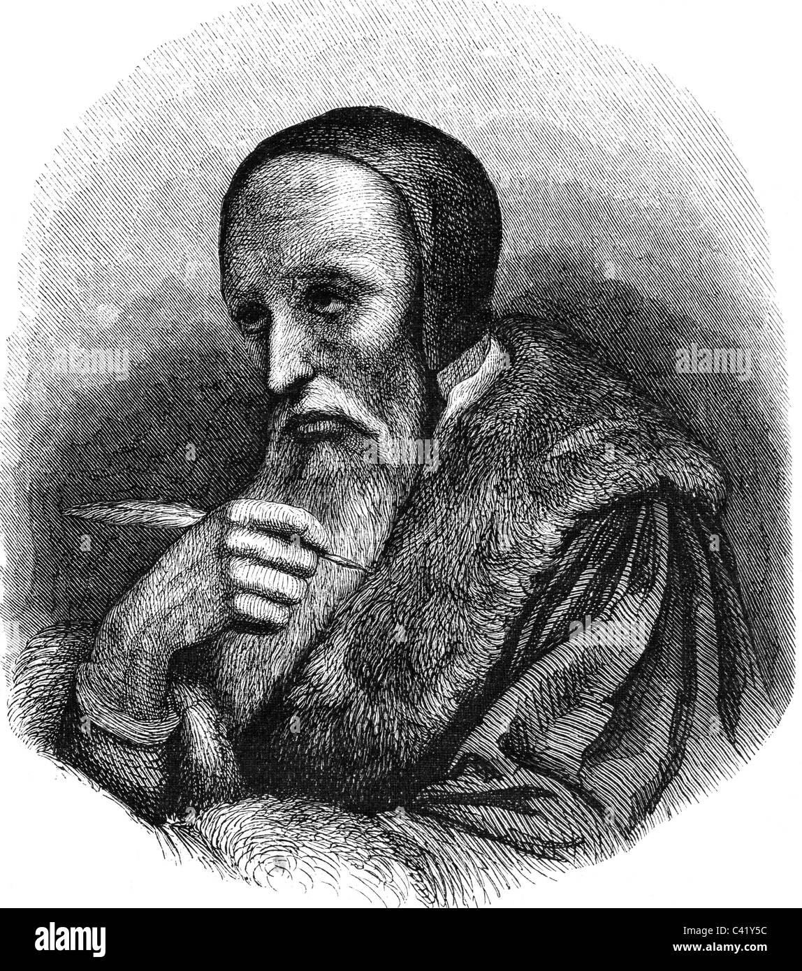 Calvin, John, 10.7.1509 - 27,5.1564, riformatore protestante francese, a metà lunghezza, scrittura, incisione in legno, 19th secolo, dopo la pittura di Ary Scheffer (1795 - 1858), Foto Stock