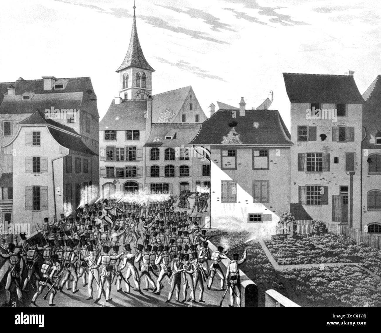 Eventi, Rivoluzione 1830 - 1831, Svizzera, impegno alla porta inferiore di Liestal, 21.8.1831, litografia, XIX secolo, Basilea, Basilea-Paese, Paese, Basilea-Landschaft, Baselland, solidari, militari, fanteria, lotta di strada, storico, storico, persone, diritti aggiuntivi-clearences-non disponibili Foto Stock