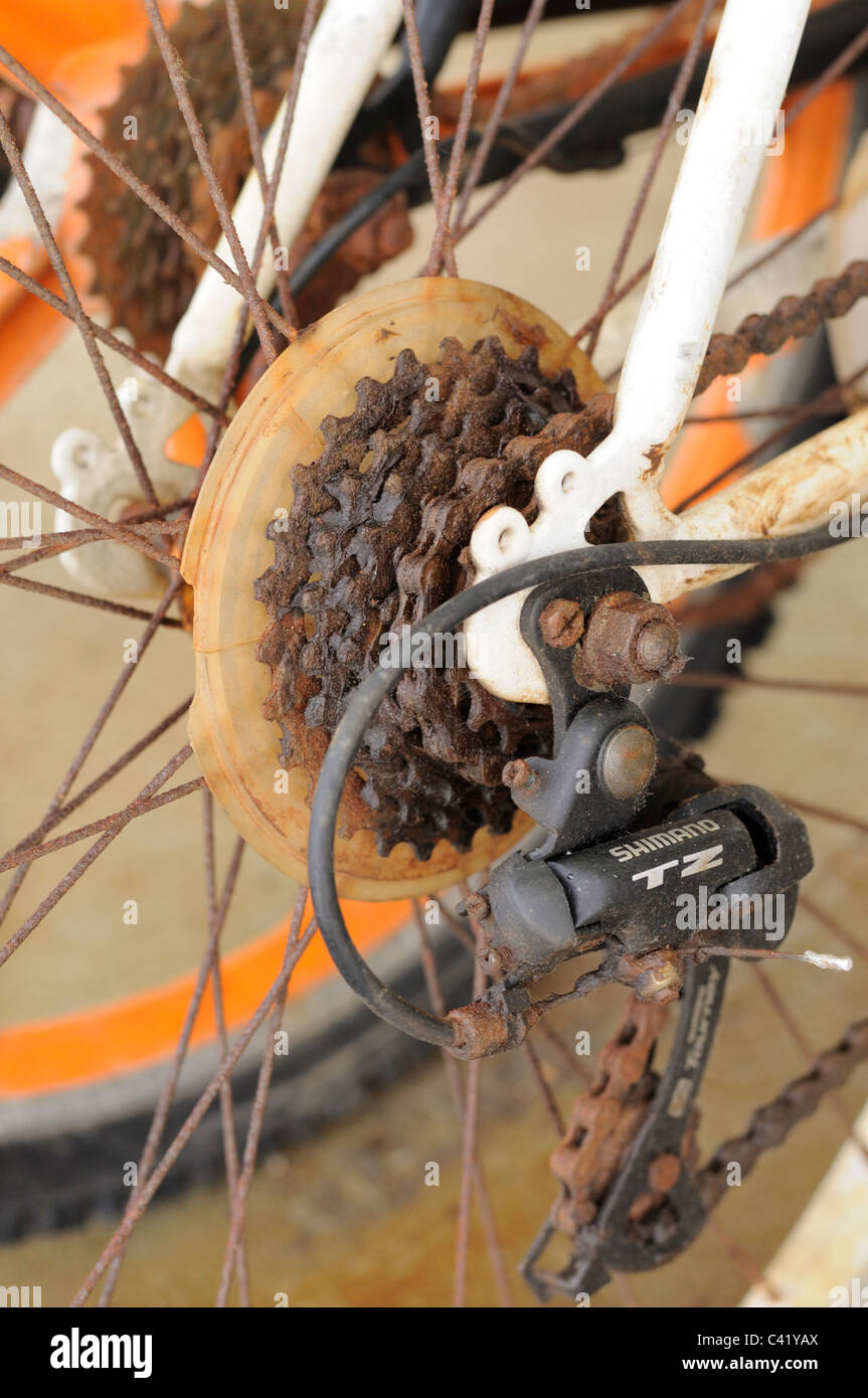 Fortemente arrugginiti o corrosi ingranaggi di bicicletta,. Foto Stock