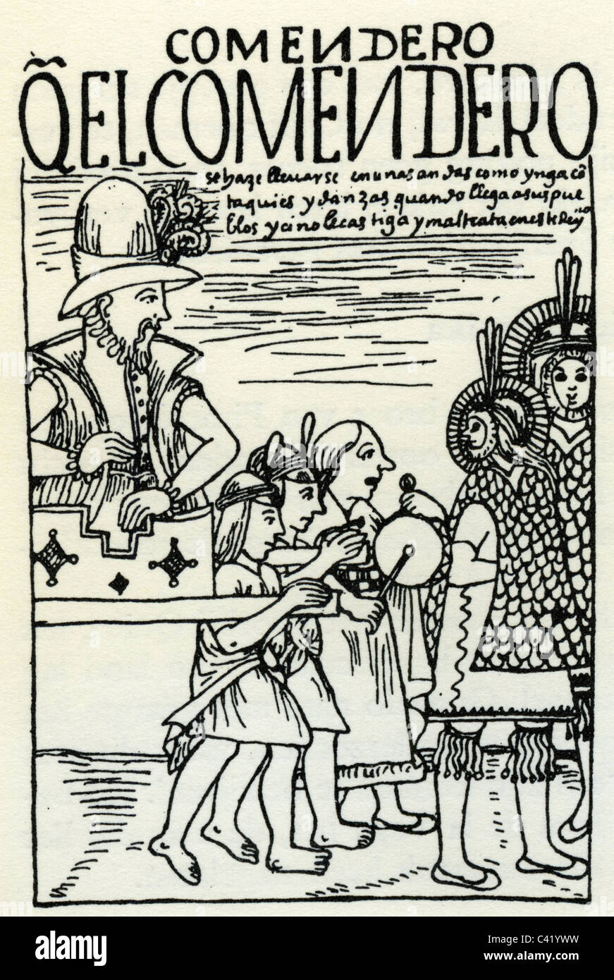 Geografia / viaggi, Perù, colonizzazione spagnola, funzionario spagnolo in una figliata, incisione su rame, 'Nueva coronica y buen gobierno' da Felipe Guaman Poma de Ayala, circa 1613, artista del diritto d'autore non deve essere cancellata Foto Stock