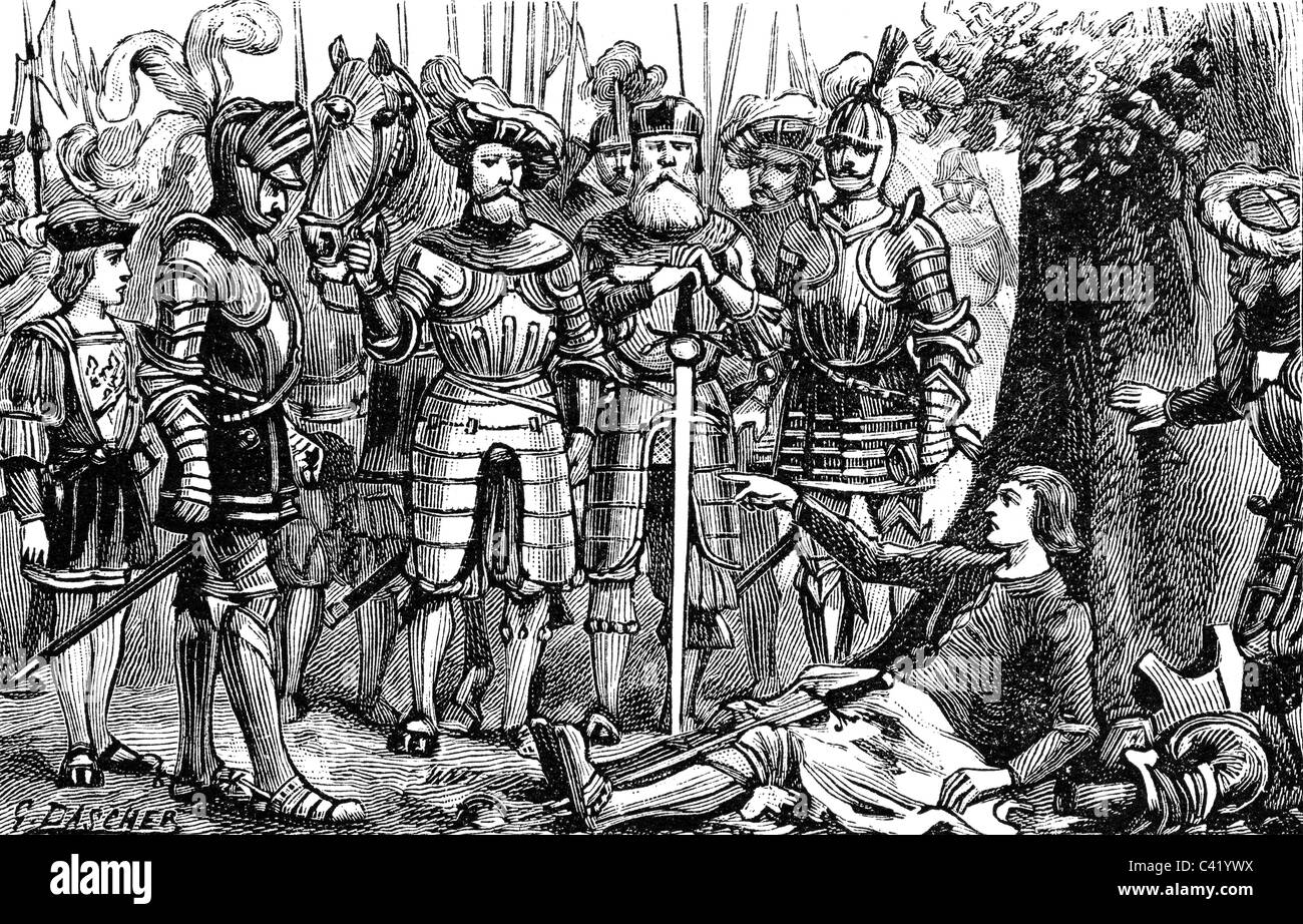 Bayard, Pierre du Terrail, Chevalier de, circa 1476 - 30.4.1524, generale francese, morte a Gatinara, incisione del legno, 19th secolo, , Foto Stock