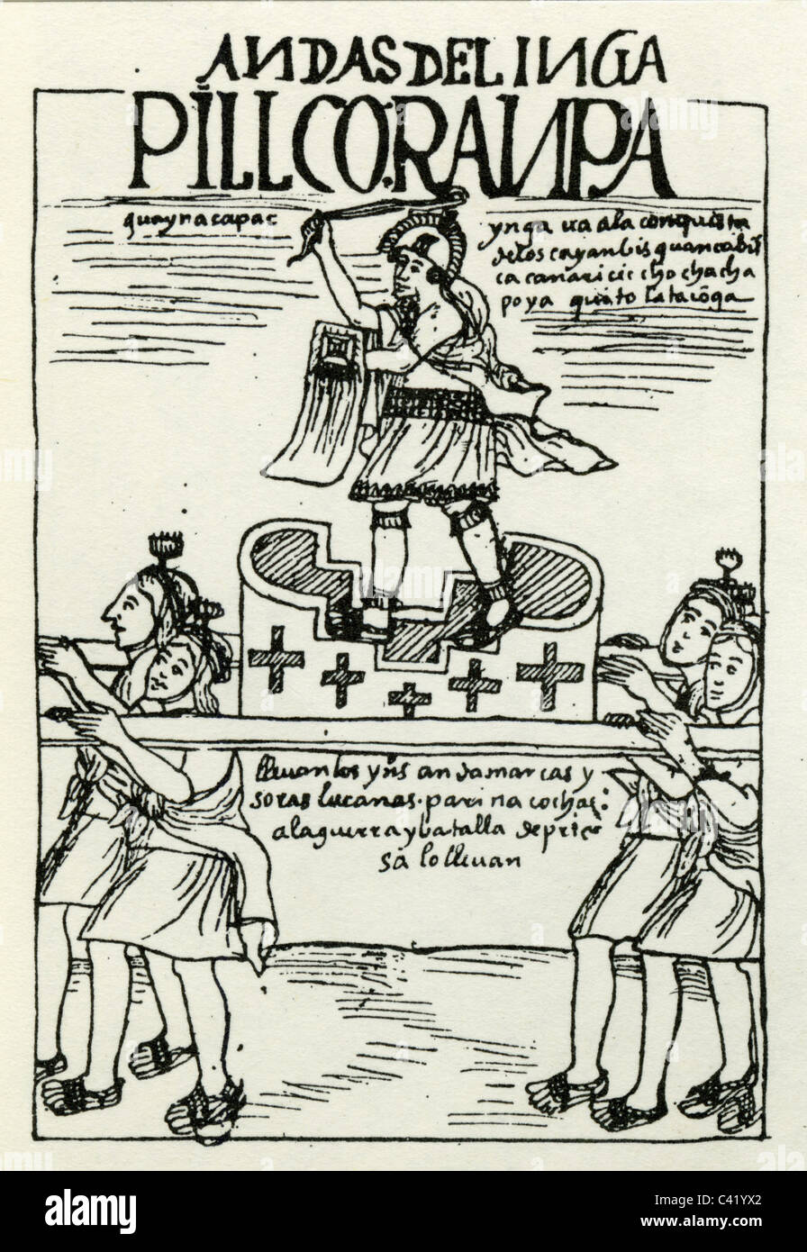 Geografia / viaggi, Perù, persone, Inka generale è portato in una lettiera per il campo di battaglia, incisione su rame, 'Nueva coronica y buen gobierno' da Felipe Guaman Poma de Ayala, circa 1613, artista del diritto d'autore non deve essere cancellata Foto Stock