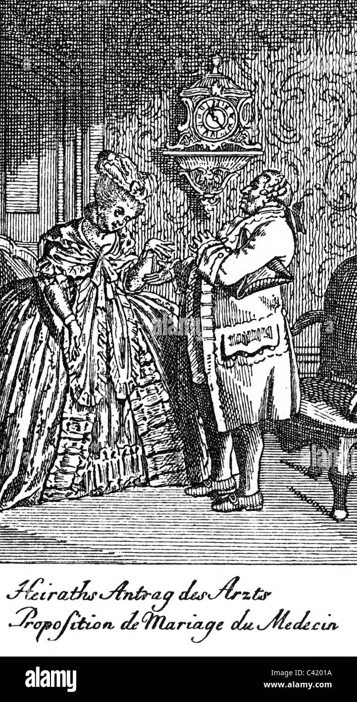 Persone, coppie, corteggiamento, 'proposta di un medico', incisione dalla serie 'proposte' di Daniel Chodowiecki, 1781, Additional-Rights-Clearences-Not Available Foto Stock