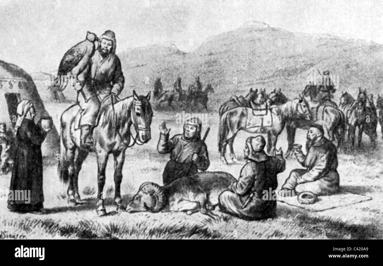Geografia / viaggio, Russia, persone, Kirghizistan, campo Kirghizistan, incisione del legno dopo disegno di otto Finsch, illustrazione a 'viaggio nel Kirghizistan ' di Alfred Brehm, 1876, diritti aggiuntivi-clearences-non disponibile Foto Stock