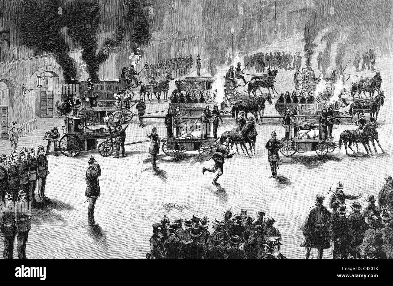 Fuoco, servizio fuoco, incarico, incisione legno dopo disegno di Adolf Closs, Germania, II metà del XIX secolo, pompieri, vigili del fuoco, manichetta antincendio, carraga, allarme, Impero tedesco, epoca imperiale, storico, storico, persone, diritti aggiuntivi-clearences-non disponibile Foto Stock