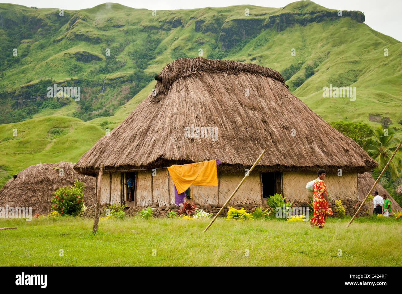 Tradizionale Fijian bure nel villaggio Navala, Nausori Highlands, isola di Viti Levu, Fiji. Foto Stock