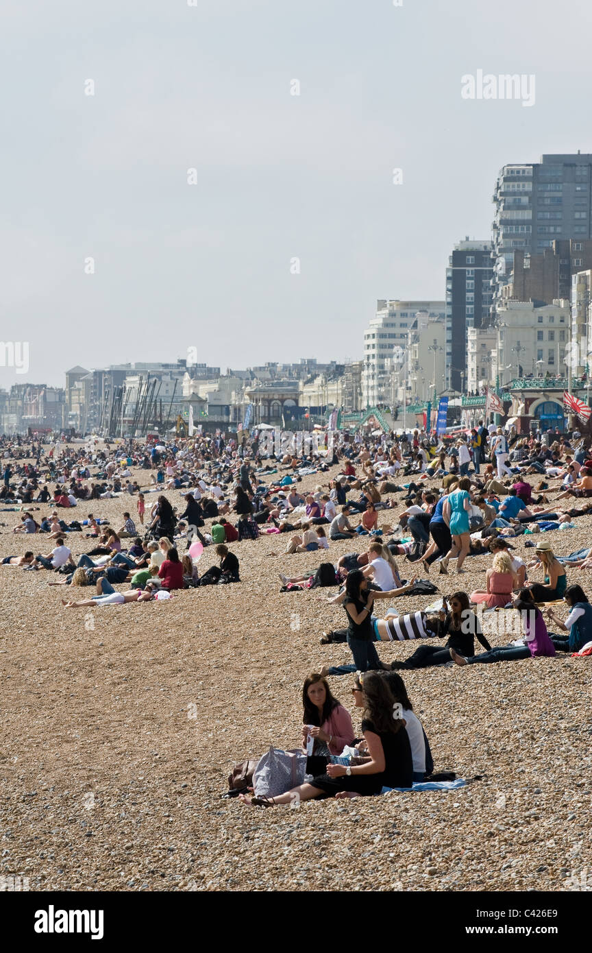 Persone sedute a Brighton Beach nel Sussex orientale nel Regno Unito. Foto Stock