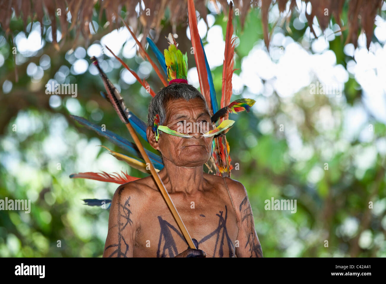 Parco Nazionale del Manu, Pantiacolla montagne. indigeni da uomo Harakmbut indiani in abito cerimoniale con macaw piume. Foto Stock