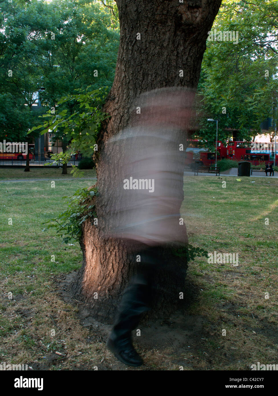 Sfocato figura maschile a camminare lungo un albero Foto Stock