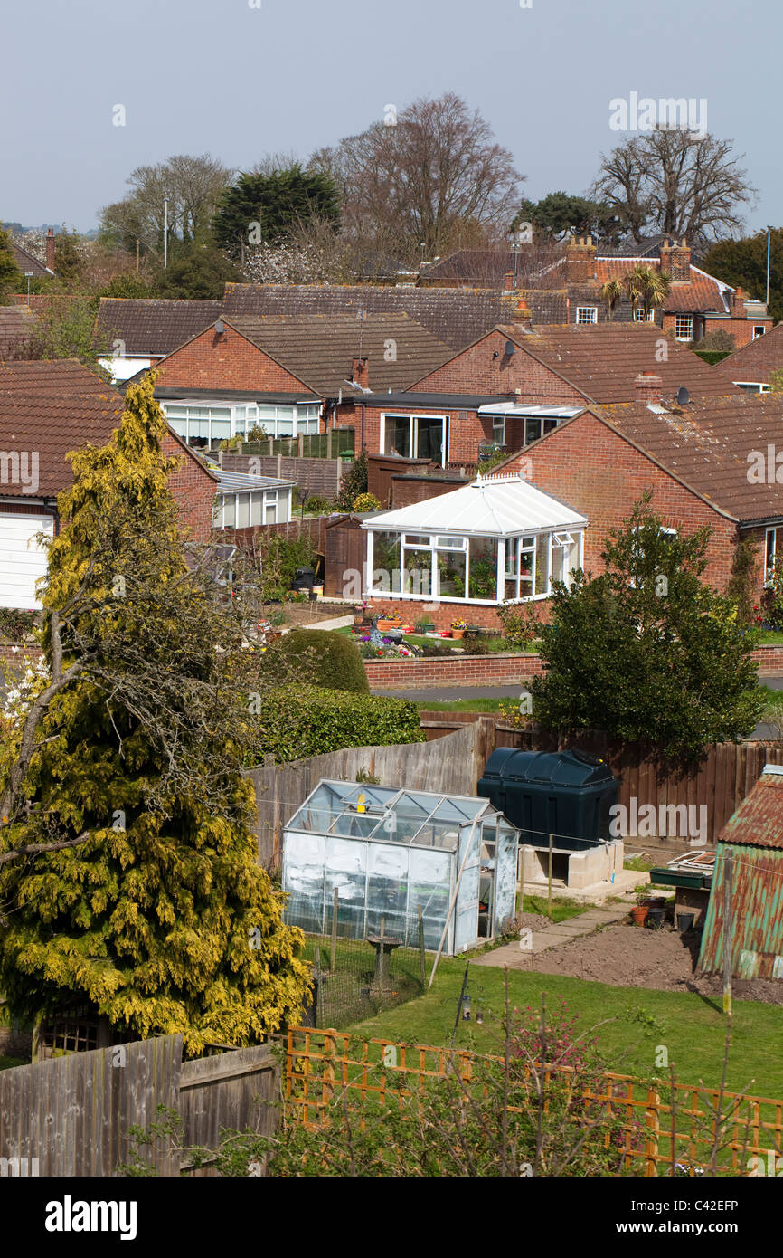 Giardini suburbana che mostra serra e al conservatorio di piante. North Walsham, Norfolk. Foto Stock
