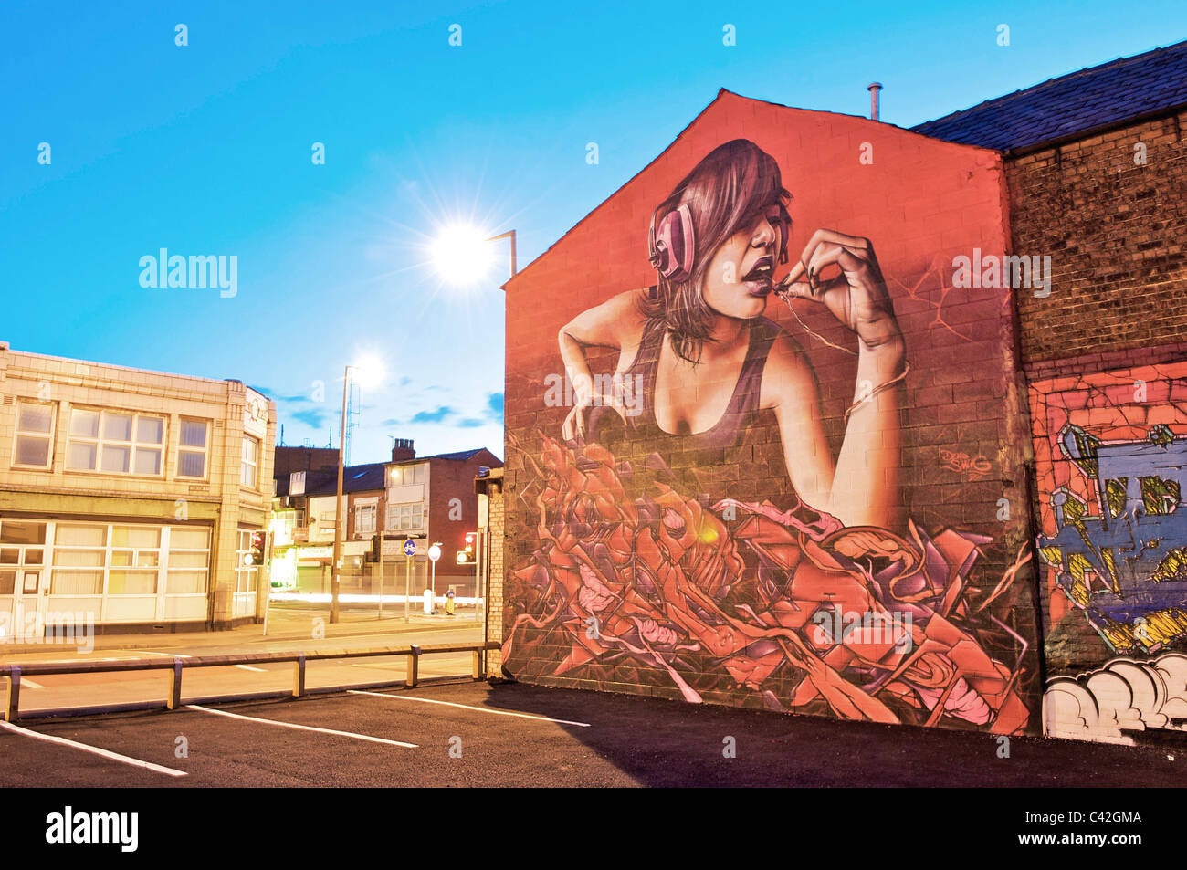 Mare, sabbia e spray arte urbana festival di Blackpool, Inghilterra Foto Stock