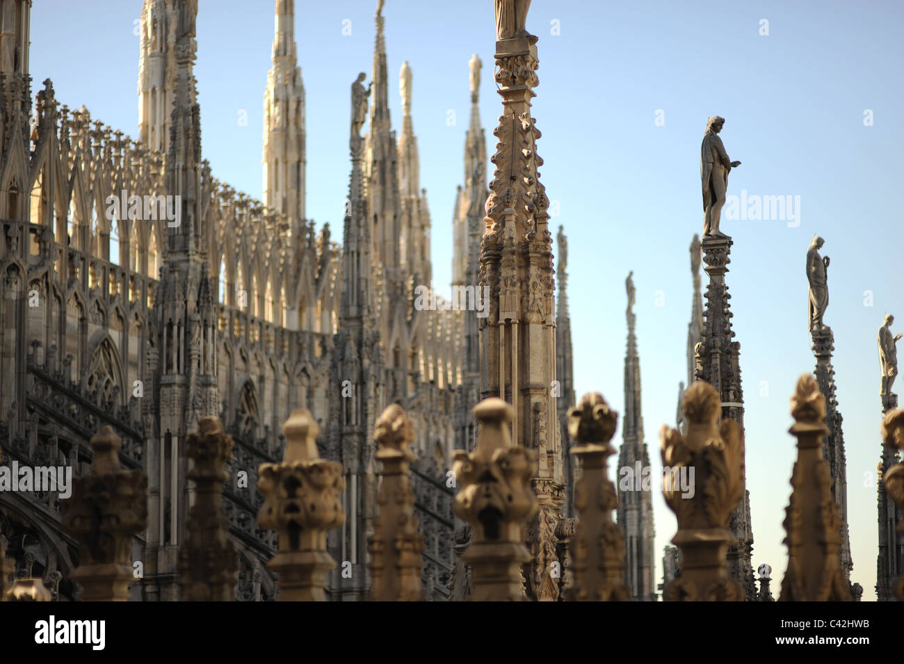 I dettagli di stile gotico e torri sul tetto del Duomo di Milano, Duomo e in Italia Foto Stock