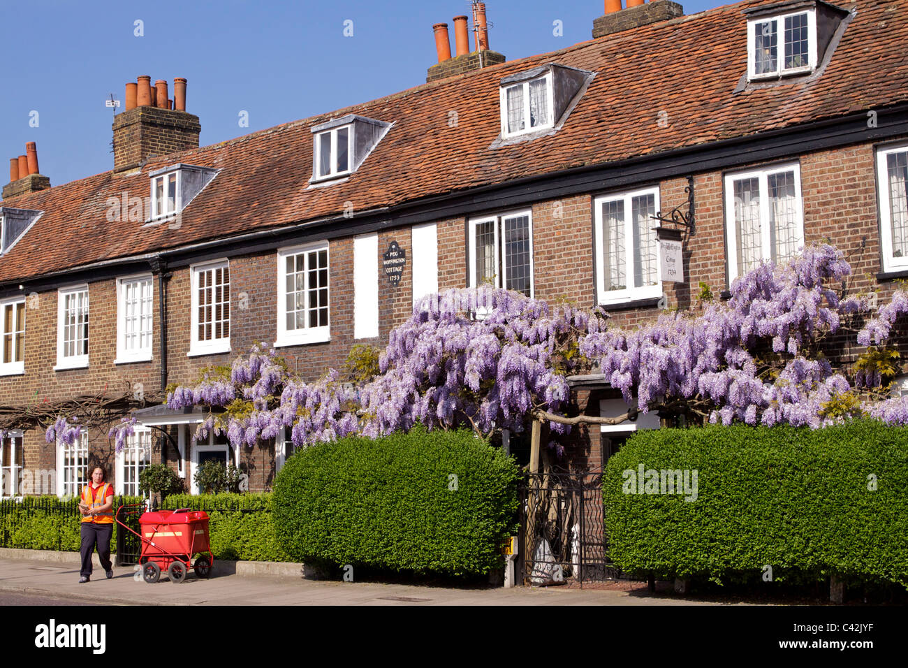 Una donna post con un carrello di consegna Consegna post a Peg Woffington in casa Teddington High Street sulla soleggiata mattina di primavera Foto Stock