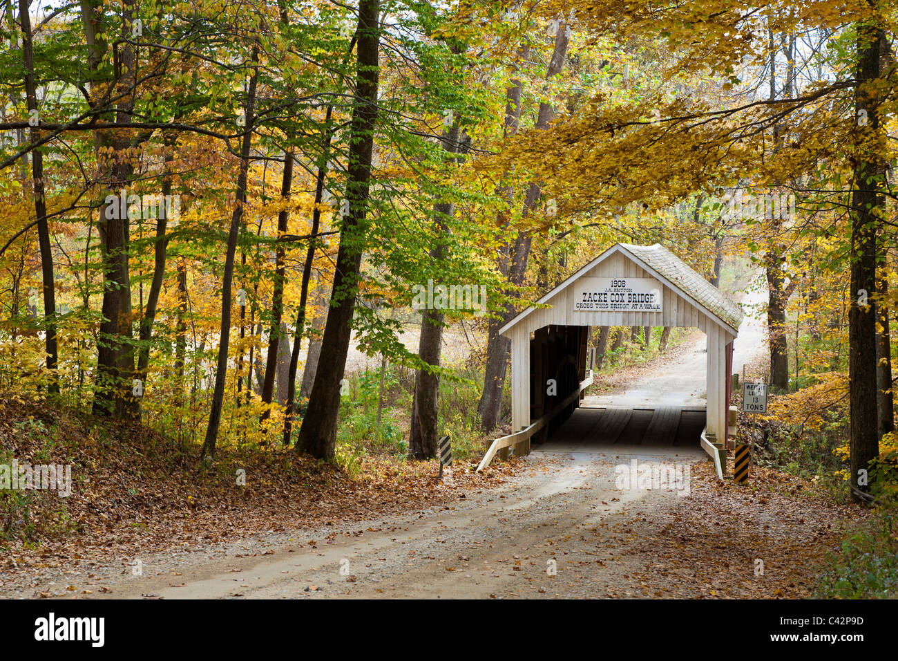 Zacke Cox ponte coperto costruito nel 1908 a span Rock Run, o ferro eseguire Creek a Bradford stazione di Parke County, Indiana, STATI UNITI D'AMERICA Foto Stock