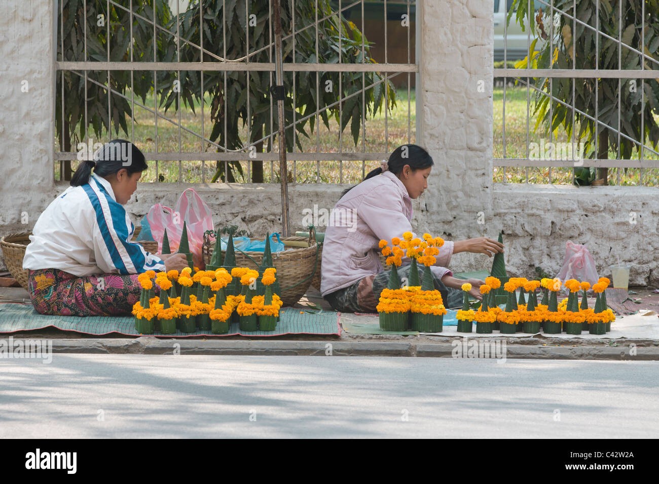 Flower Offerte per la vendita in Luang Prabang Foto Stock