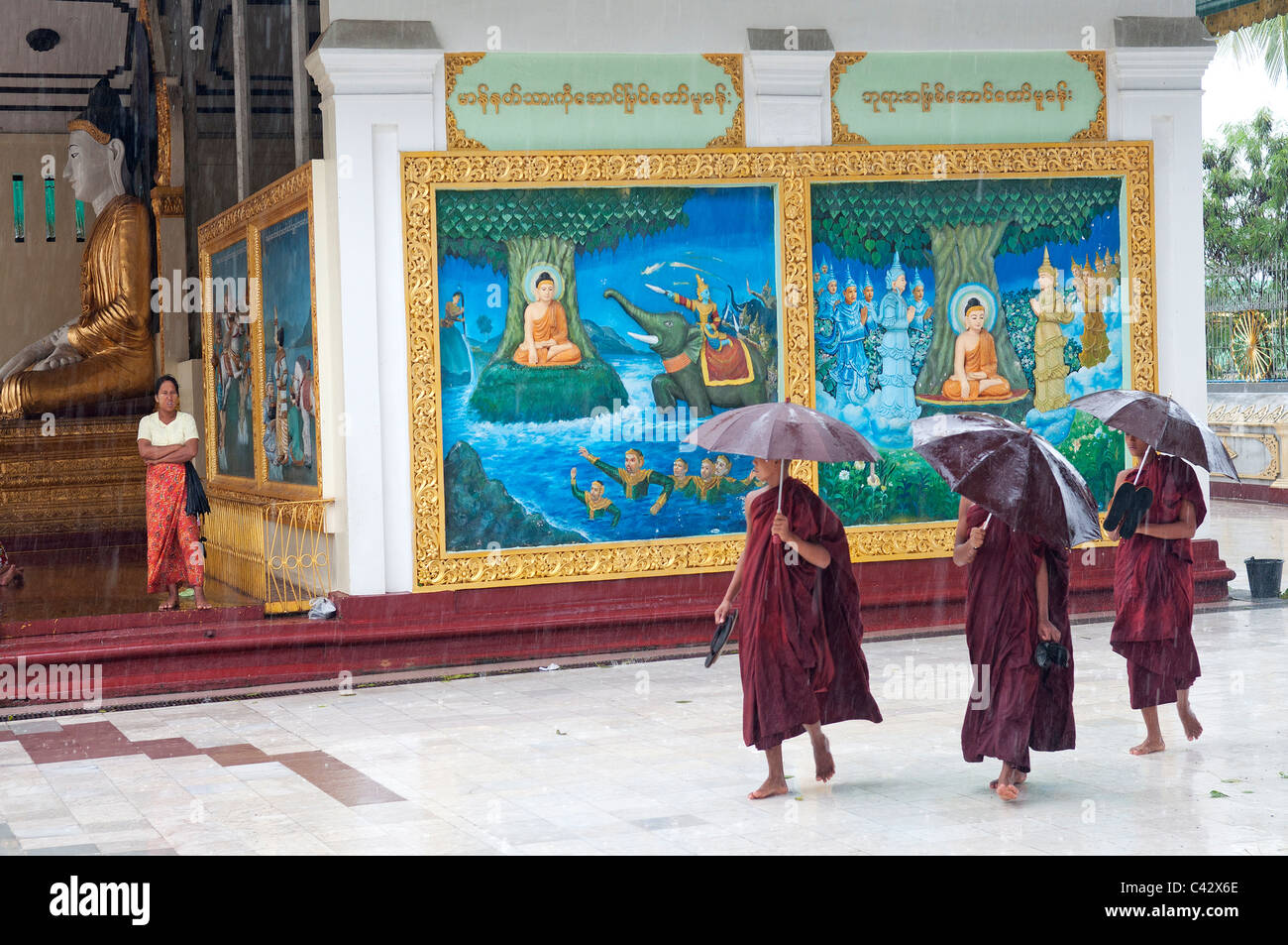 I monaci in pioggia a Shwedagon Paya tempio yangon myanmar Foto Stock