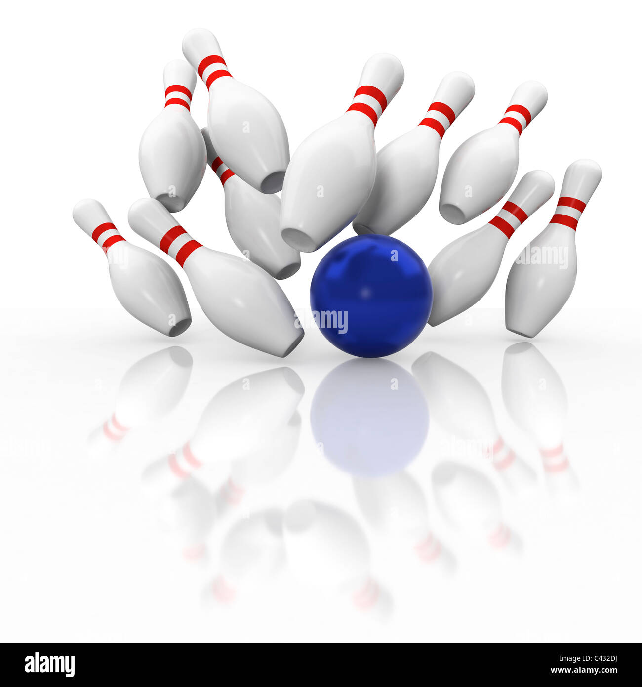 Graphic bowling strike in azione con tutti i perni in aria su sfondo bianco Foto Stock