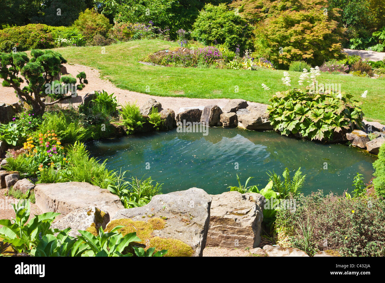 Un piccolo laghetto in giardino di roccia ad RHS Wisley, Surrey, England, Regno Unito Foto Stock