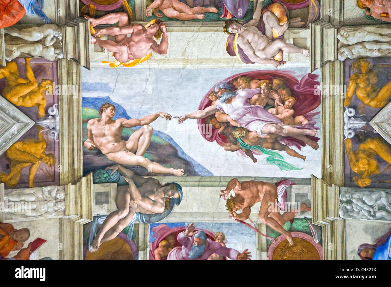 Michelangelo per il "Creazione di Adamo", Cappella Sistina, Roma, Italia Foto Stock
