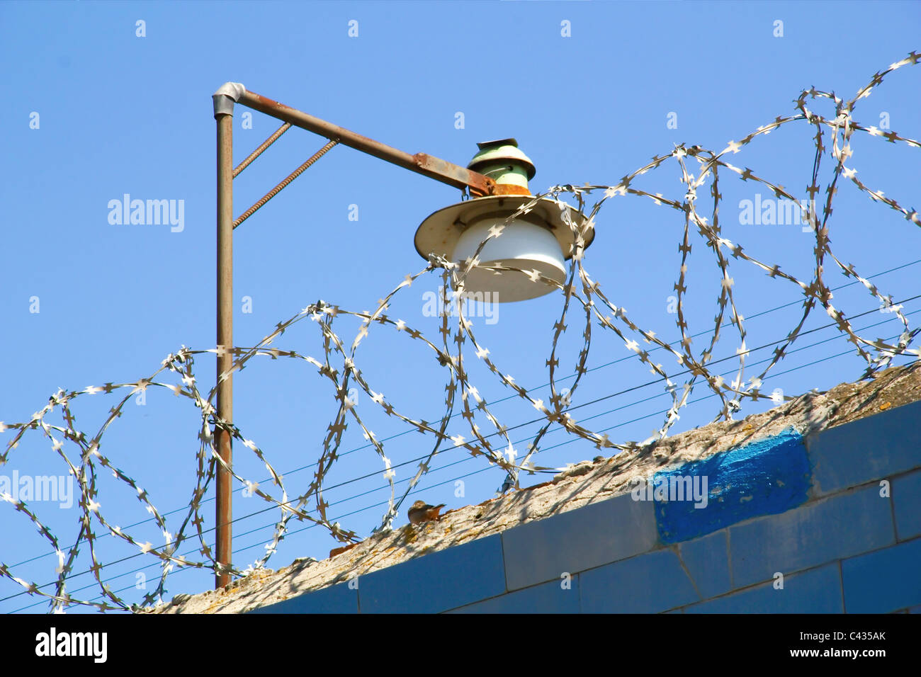 Filo spinato e lampada contro il cielo blu Foto Stock