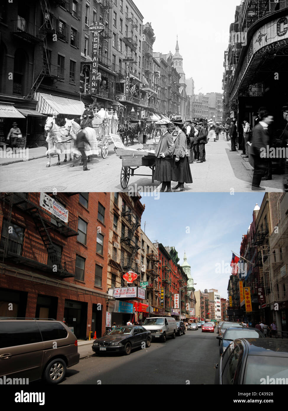 Mott Street Chinatown, New York City - Ieri e oggi foto in alto circa 1900 - immagine inferiore Maggio 2011 Foto Stock