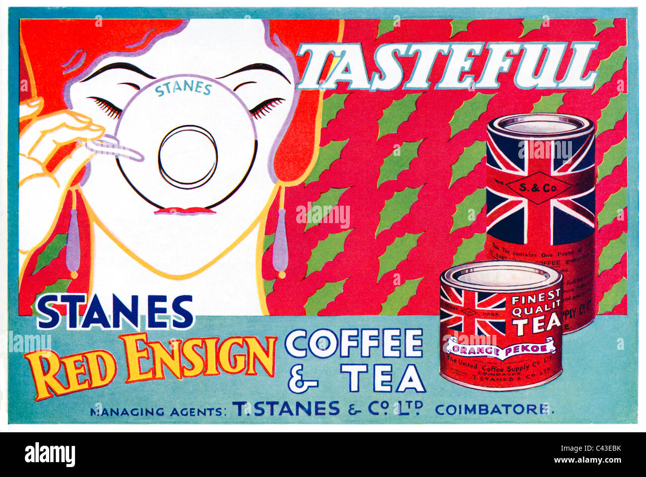 Stanes Red Ensign tè & caffè, 1932 annuncio pubblicitario per i mercanti del Sud città indiana di Coimbatore Foto Stock