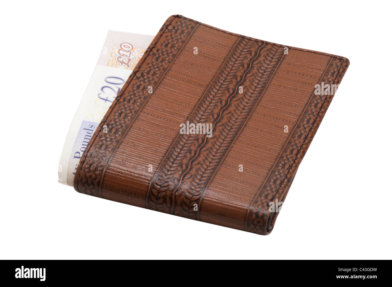 Portafoglio con UK banconote - dieci e venti libbre, sfondo bianco Foto Stock