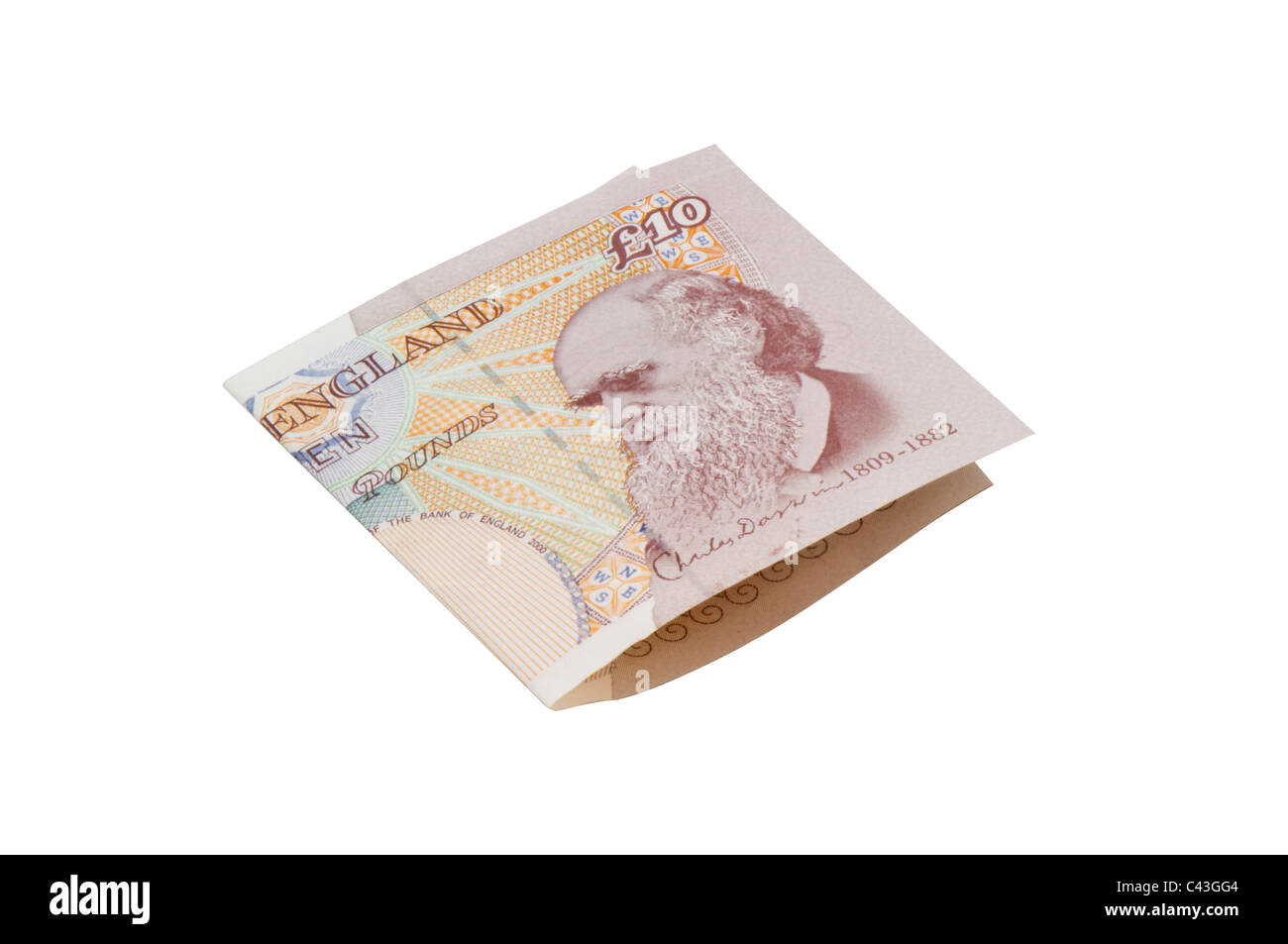 Dieci pound banca inglese nota piegata. Foto Stock