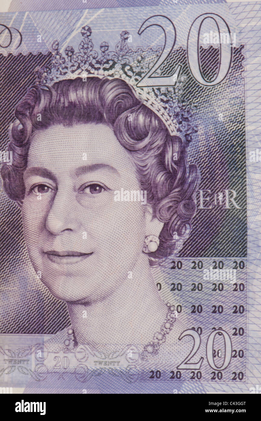 Regno Unito venti pound nota mostra la regina Elisabetta II Foto Stock