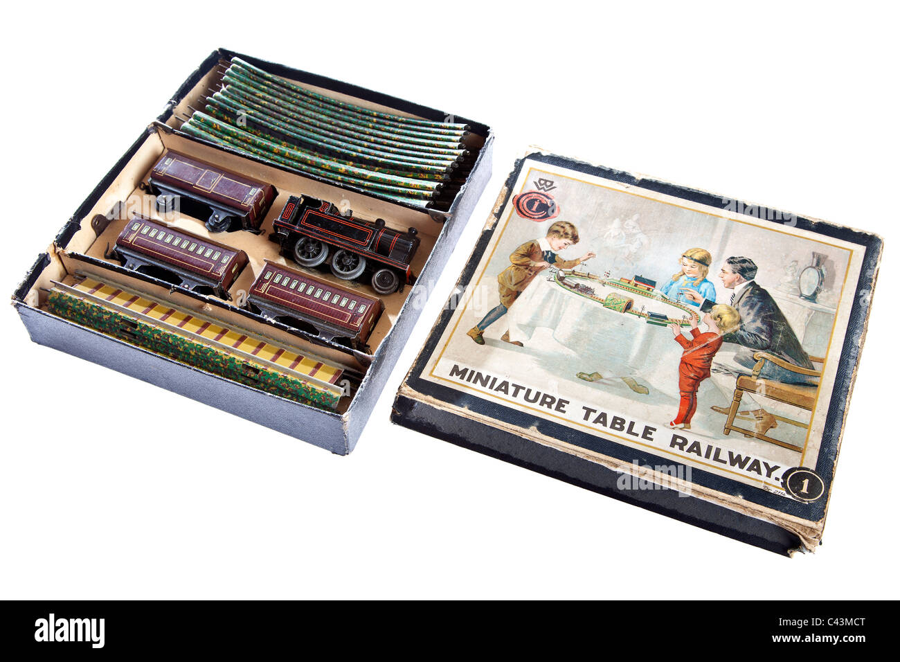La precisione di un orologio di Bing vista tabella in miniatura Ferrovia è il primo al mondo 00 gauge toy train set introdotto nel 1922 JMH4941 Foto Stock