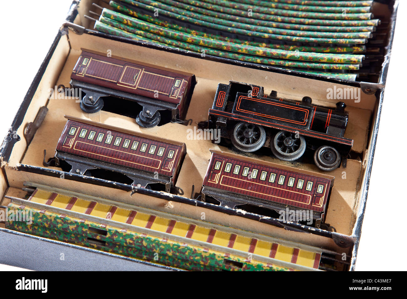 La precisione di un orologio di Bing vista tabella in miniatura Ferrovia è il primo al mondo 00 gauge toy train set introdotto nel 1922. JMH4943 Foto Stock