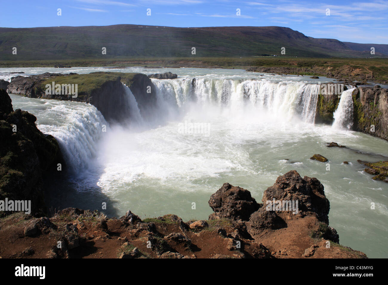 L'Islanda, isola di Vulcano, Europa, natura, paesaggio, paesaggio, cascata, dio, cascate Godafoss, fiume, flusso, Foto Stock