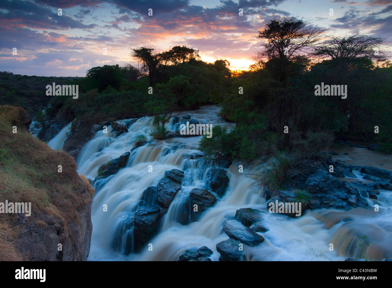 Inondata, del caso, Africa, Etiopia, inondato, parco nazionale, fiume, flusso, cascata, rock, Cliff, atmosfera serale Foto Stock