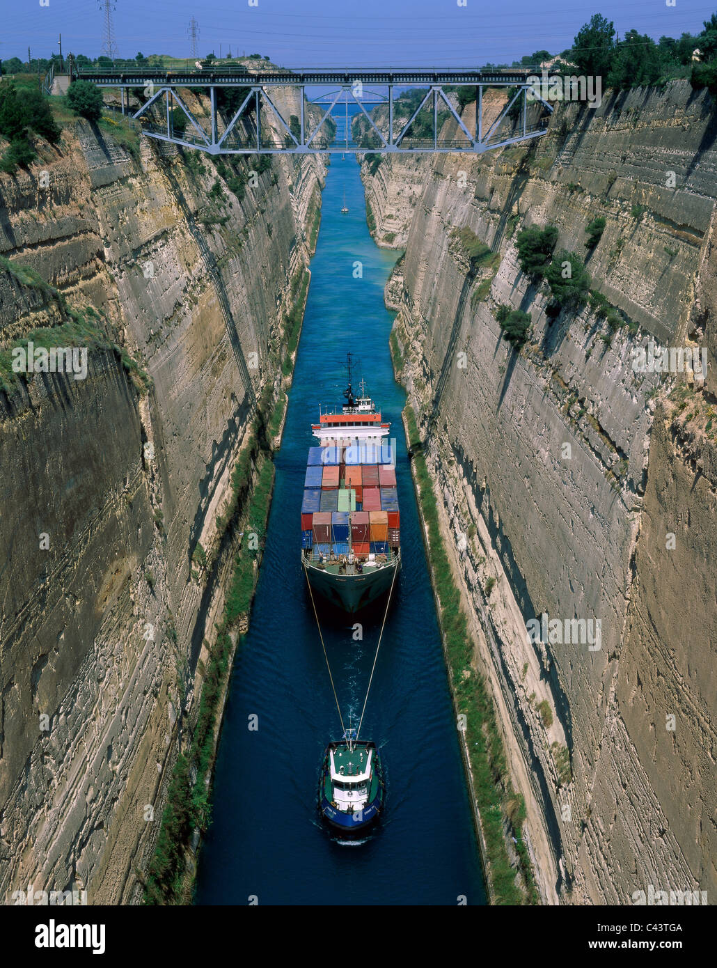 Canal, Containger, Corinto, Corinthos, Grecia, Europa, Vacanze, Corintho, Landmark, Peloponneso, nave, Turismo, Viaggi "vacatio Foto Stock