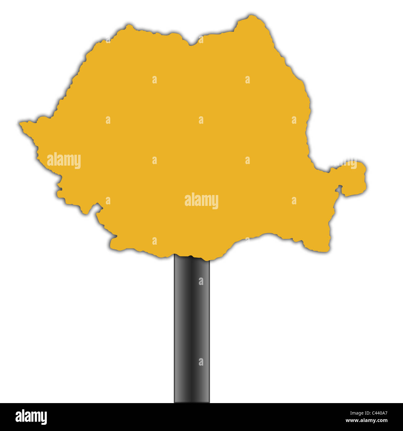La Romania mappa cartello stradale isolato su uno sfondo bianco. Foto Stock