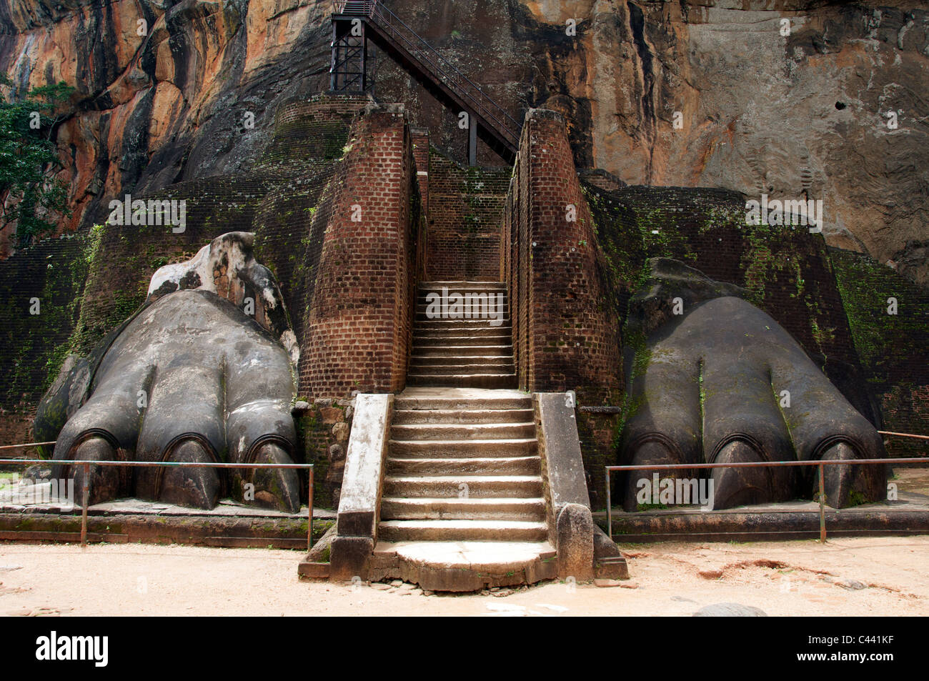 Leone la zampata di parte della porta originale al vertice di Sigiriya rock fortezza dello Sri Lanka Foto Stock