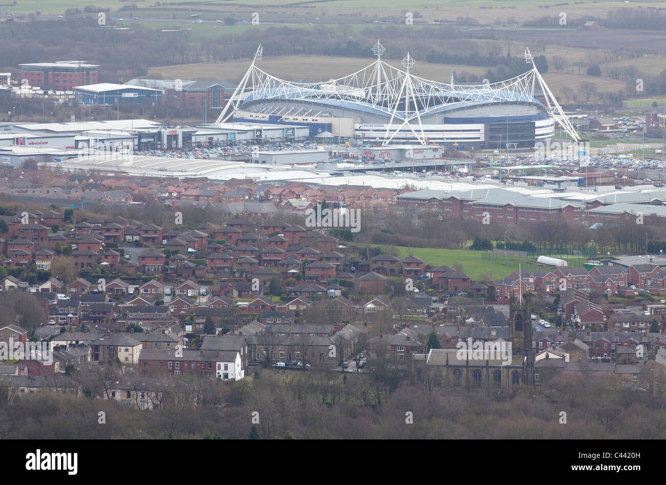 Reebok Stadium da Rivington Pike, Lancashire. Foto Stock