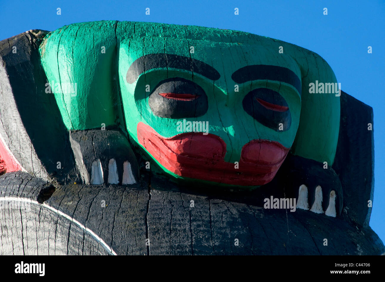 Victoria Harbour, British Columbia, Canada, America del Nord, scultura lignea, sculture, dipinti, colorato, close-up, arte, totem Foto Stock