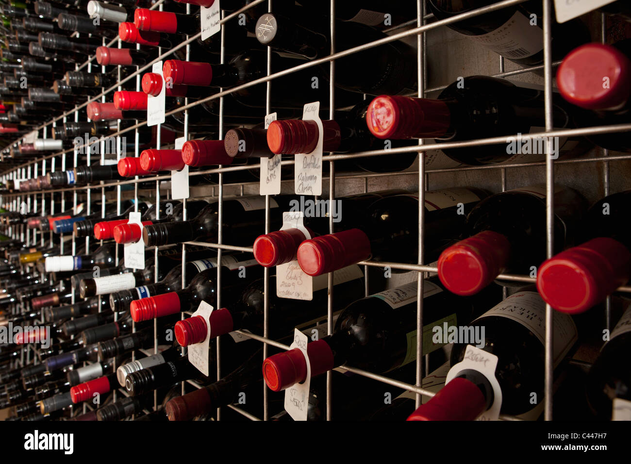 Bottiglie di vino in una cantina Foto Stock