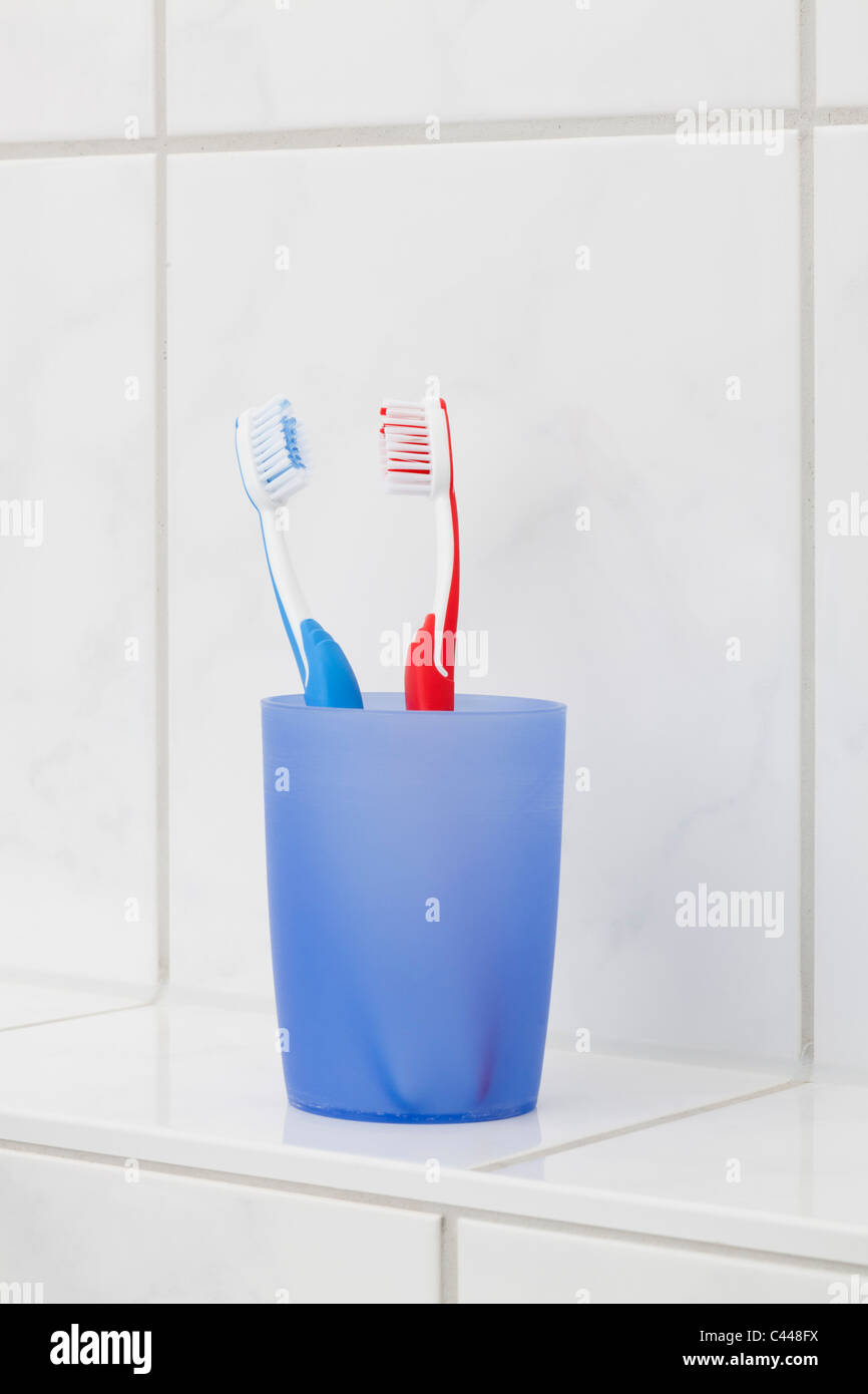 Due spazzolini da denti in una tazza Foto Stock